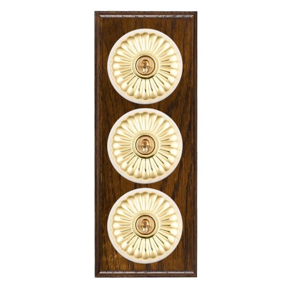 Hamilton BODFT23PB-W Bloomsbury Ovolo Dark Oak 3 Gang 20AX 2 Way Toggle Switch with Polished Brass Fluted Dome and White Collar
