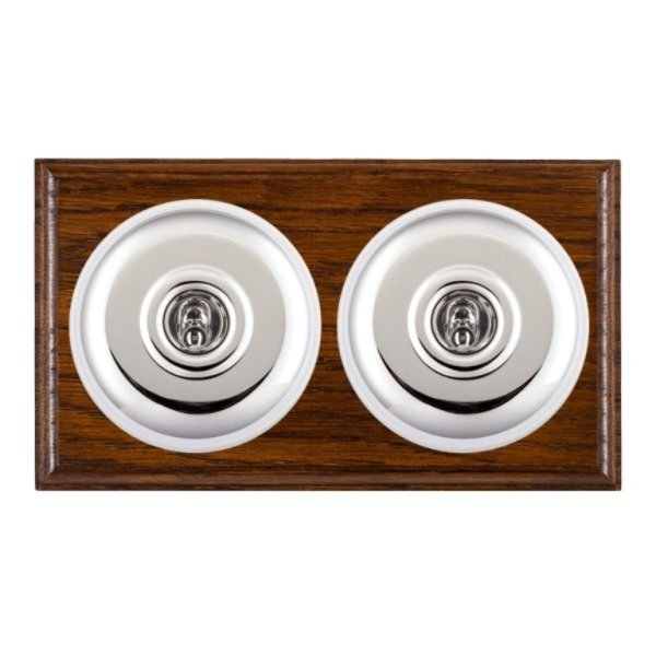 Hamilton BODPT22BC-W Bloomsbury Ovolo Dark Oak 2 Gang 20AX 2 Way Toggle Switch with Bright Chrome Plain Dome and White Collar