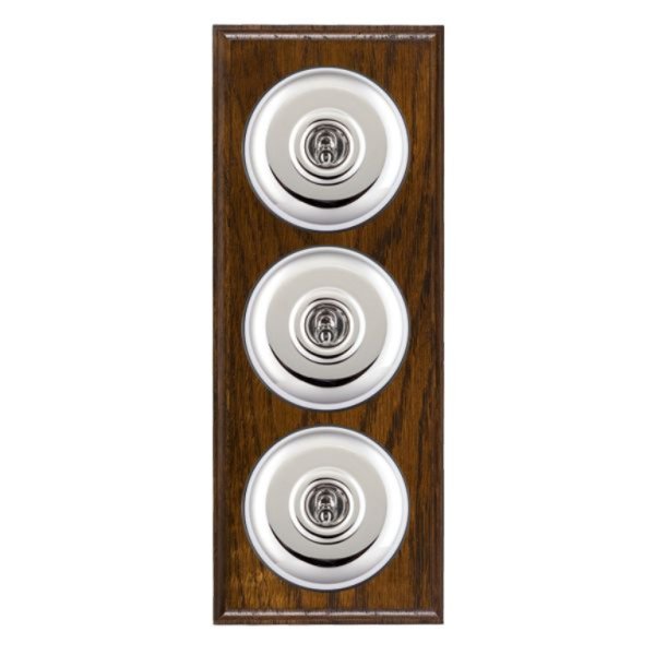 Hamilton BODPT23BC-B Bloomsbury Ovolo Dark Oak 3 Gang 20AX 2 Way Toggle Switch with Bright Chrome Plain Dome and Black Collar