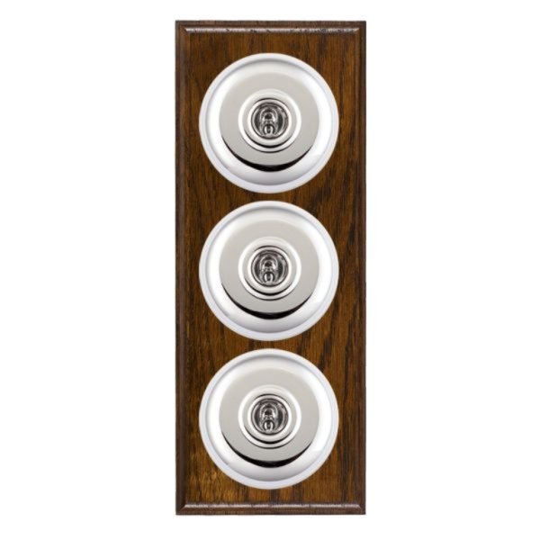 Hamilton BODPT23BC-W Bloomsbury Ovolo Dark Oak 3 Gang 20AX 2 Way Toggle Switch with Bright Chrome Plain Dome and White Collar