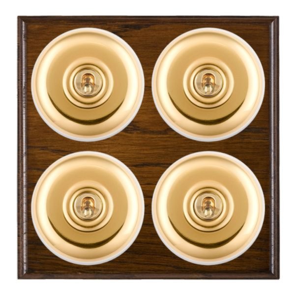 Hamilton BODPT24PB-W Bloomsbury Ovolo Dark Oak 4 Gang 20AX 2 Way Toggle Switch with Polished Brass Plain Dome and White Collar