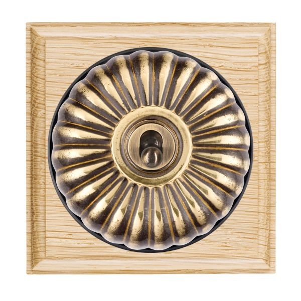 Hamilton BOLFT21AB-B Bloomsbury Ovolo Light Oak 1 Gang 20AX 2 Way Toggle Switch with Antique Brass Fluted Dome and Black Collar