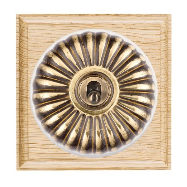 Hamilton BOLFT21AB-W Bloomsbury Ovolo Light Oak 1 Gang 20AX 2 Way Toggle Switch with Antique Brass Fluted Dome and White Collar