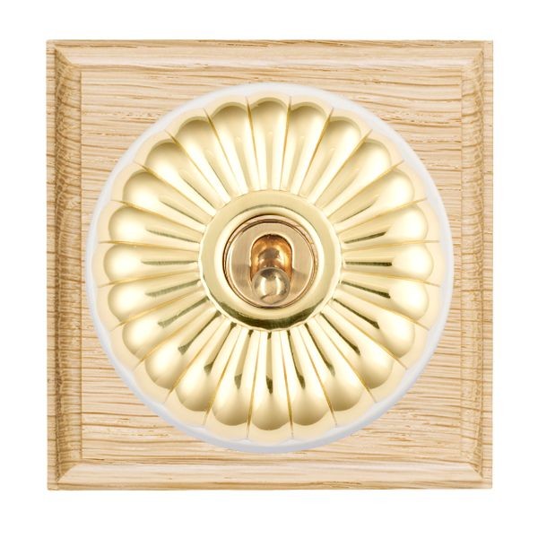Hamilton BOLFT21PB-W Bloomsbury Ovolo Light Oak 1 Gang 20AX 2 Way Toggle Switch with Polished Brass Fluted Dome and White Collar