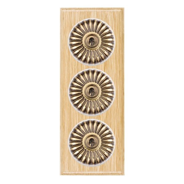 Hamilton BOLFT23AB-W Bloomsbury Ovolo Light Oak 3 Gang 20AX 2 Way Toggle Switch with Antique Brass Fluted Dome and White Collar
