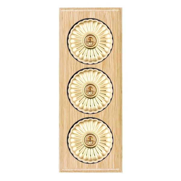 Hamilton BOLFT23PB-B Bloomsbury Ovolo Light Oak 3 Gang 20AX 2 Way Toggle Switch with Polished Brass Fluted Dome and Black Collar