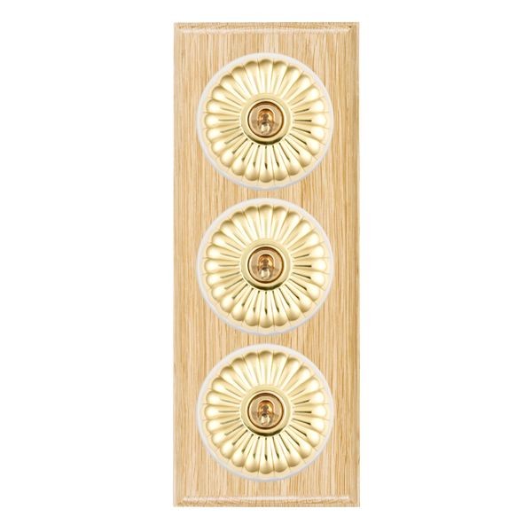 Hamilton BOLFT23PB-W Bloomsbury Ovolo Light Oak 3 Gang 20AX 2 Way Toggle Switch with Polished Brass Fluted Dome and White Collar