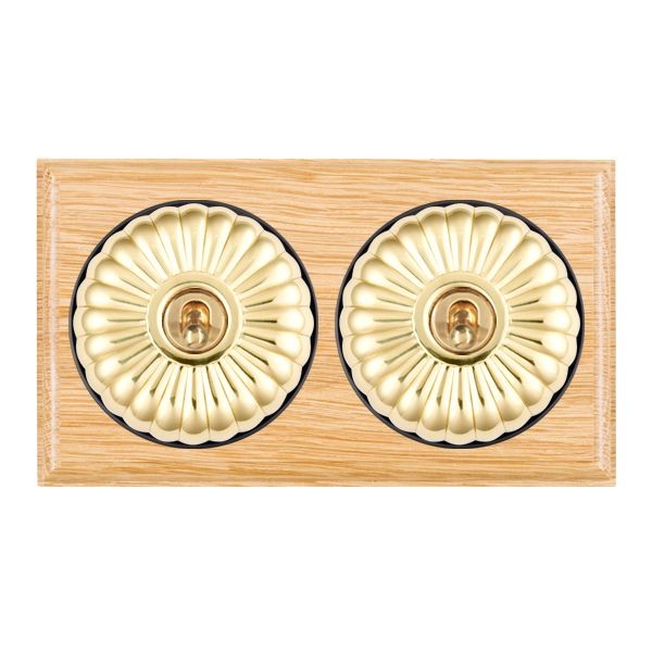Hamilton BOLFT32PB-B Bloomsbury Ovolo Light Oak 2 Gang 20AX Intermediate Toggle Switch with Polished Brass Fluted Dome and Black Collar