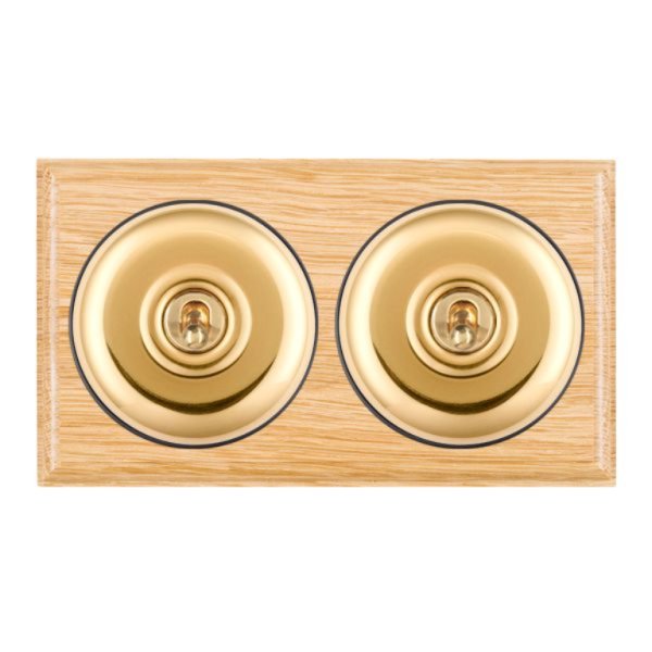 Hamilton BOLPT22PB-B Bloomsbury Ovolo Light Oak 2 Gang 20AX 2 Way Toggle Switch with Polished Brass Plain Dome and Black Collar