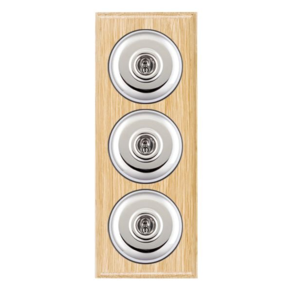 Hamilton BOLPT23BC-B Bloomsbury Ovolo Light Oak 3 Gang 20AX 2 Way Toggle Switch with Bright Chrome Plain Dome and Black Collar