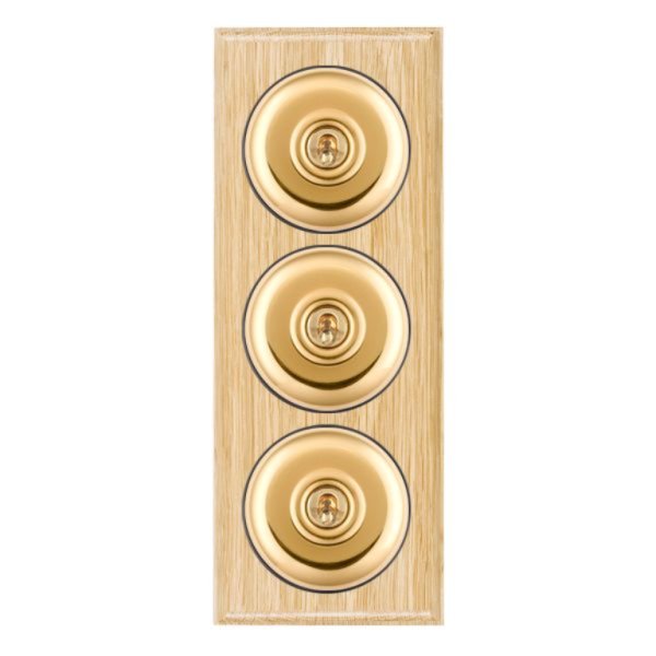 Hamilton BOLPT23PB-B Bloomsbury Ovolo Light Oak 3 Gang 20AX 2 Way Toggle Switch with Polished Brass Plain Dome and Black Collar