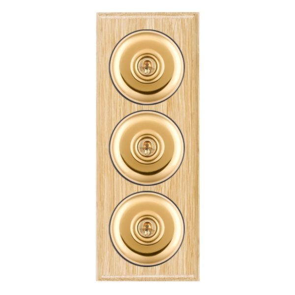 Hamilton BOLPT23PB-B Bloomsbury Ovolo Light Oak 3 Gang 20AX 2 Way Toggle Switch with Polished Brass Plain Dome and Black Collar