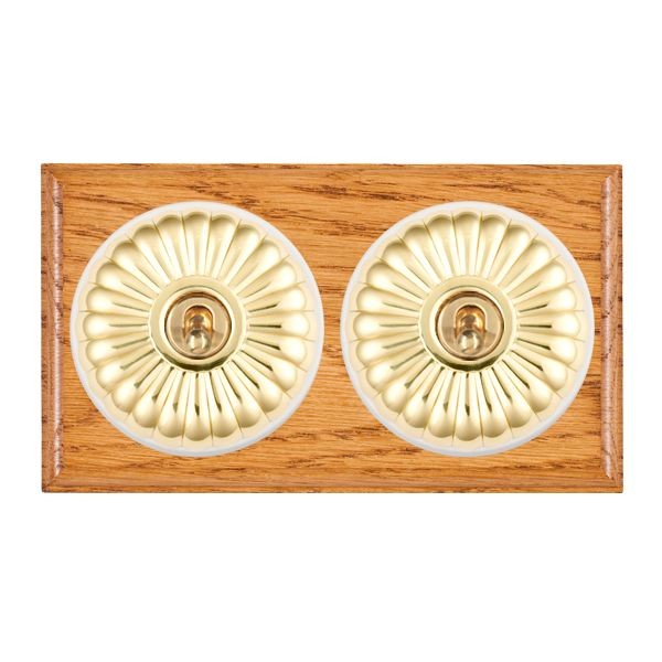 Hamilton BOMFT22PB-W Bloomsbury Ovolo Medium Oak 2 Gang 20AX 2 Way Toggle Switch with Polished Brass Fluted Dome and White Collar