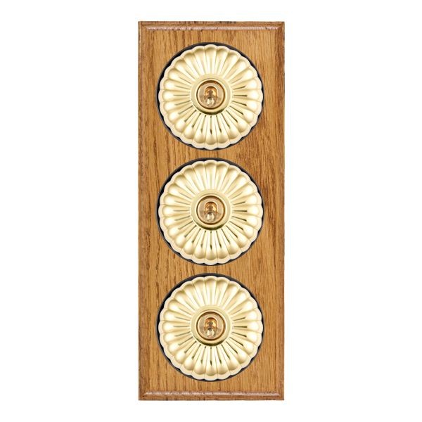 Hamilton BOMFT23PB-B Bloomsbury Ovolo Medium Oak 3 Gang 20AX 2 Way Toggle Switch with Polished Brass Fluted Dome and Black Collar