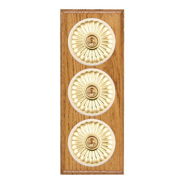 Hamilton BOMFT23PB-W Bloomsbury Ovolo Medium Oak 3 Gang 20AX 2 Way Toggle Switch with Polished Brass Fluted Dome and White Collar