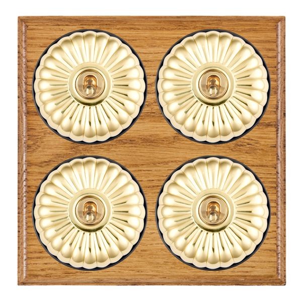 Hamilton BOMFT24PB-B Bloomsbury Ovolo Medium Oak 4 Gang 20AX 2 Way Toggle Switch with Polished Brass Fluted Dome and Black Collar