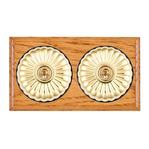 Hamilton BOMFT32PB-B Bloomsbury Ovolo Medium Oak 2 Gang 20AX Intermediate Toggle Switch with Polished Brass Fluted Dome and Black Collar