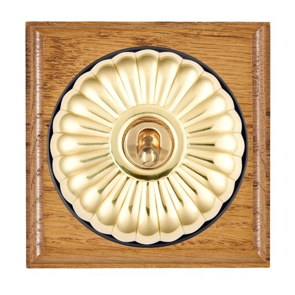 Hamilton BOMFTDPPB-B Bloomsbury Ovolo Medium Oak 1 Gang 20AX Double Pole Toggle Switch with Polished Brass Fluted Dome and Black Collar