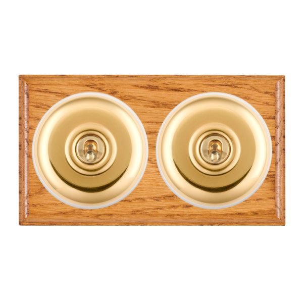Hamilton BOMPT22PB-W Bloomsbury Ovolo Medium Oak 2 Gang 20AX 2 Way Toggle Switch with Polished Brass Plain Dome and White Collar