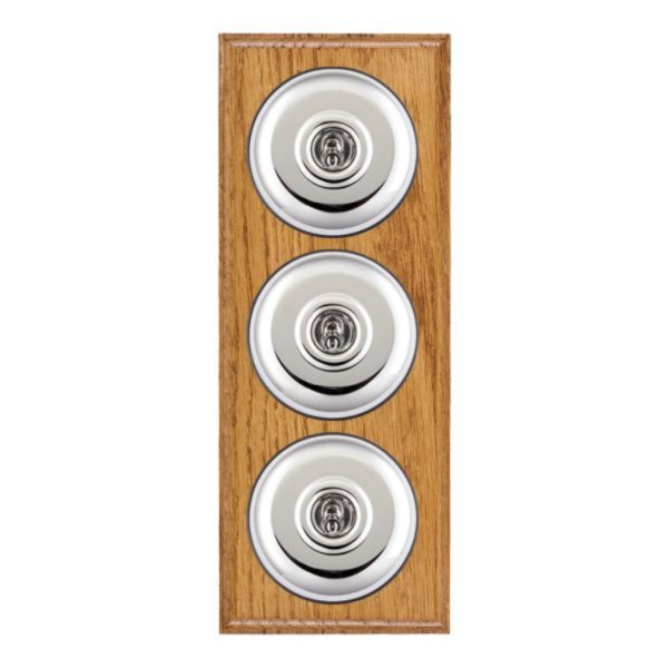 Hamilton BOMPT23BC-B Bloomsbury Ovolo Medium Oak 3 Gang 20AX 2 Way Toggle Switch with Bright Chrome Plain Dome and Black Collar