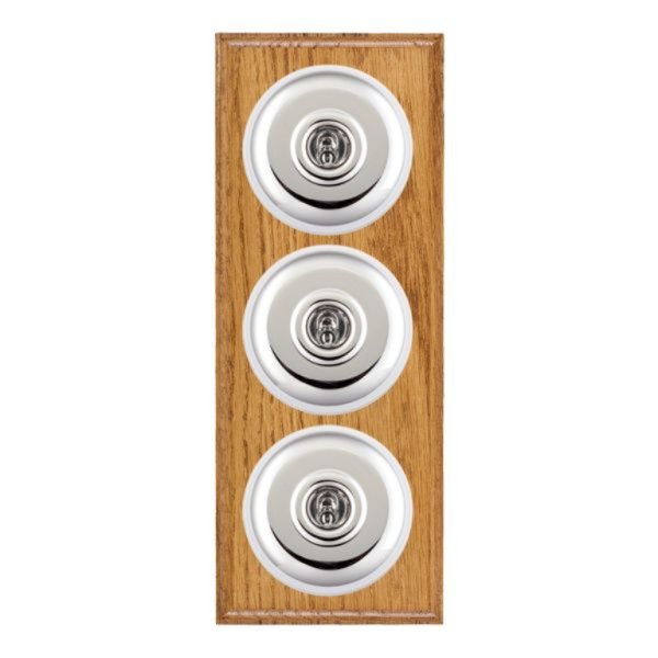 Hamilton BOMPT23BC-W Bloomsbury Ovolo Medium Oak 3 Gang 20AX 2 Way Toggle Switch with Bright Chrome Plain Dome and White Collar