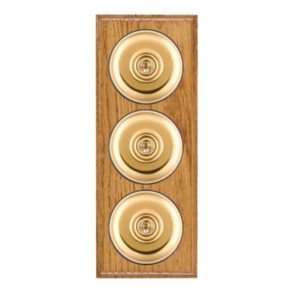 Hamilton BOMPT23PB-B Bloomsbury Ovolo Medium Oak 3 Gang 20AX 2 Way Toggle Switch with Polished Brass Plain Dome and Black Collar