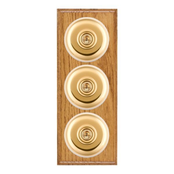 Hamilton BOMPT23PB-W Bloomsbury Ovolo Medium Oak 3 Gang 20AX 2 Way Toggle Switch with Polished Brass Plain Dome and White Collar