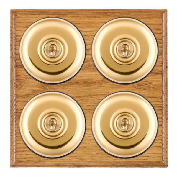 Hamilton Bloomsbury Ovolo Medium Oak 4 Gang 20AX 2 Way Toggle Switch with Polished Brass Plain Dome and Black Collar