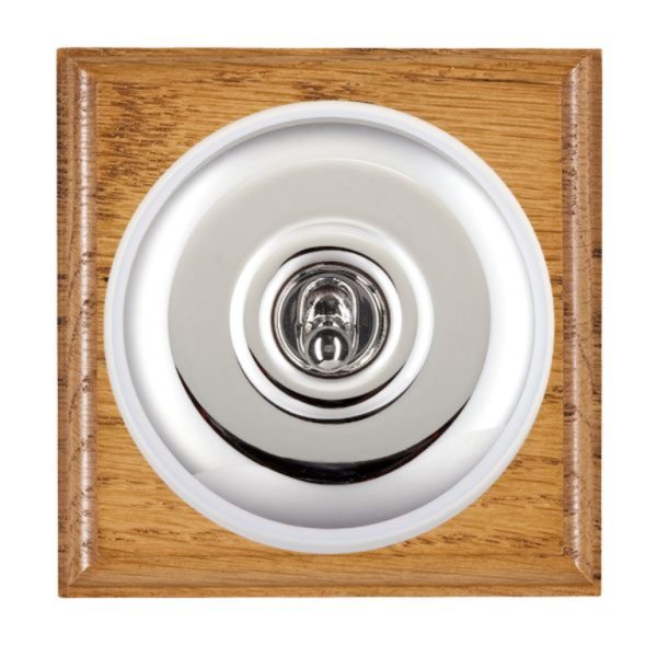 Hamilton Bloomsbury Ovolo Medium Oak 1 Gang 20AX Intermediate Toggle Switch with Bright Chrome Plain Dome and White Collar