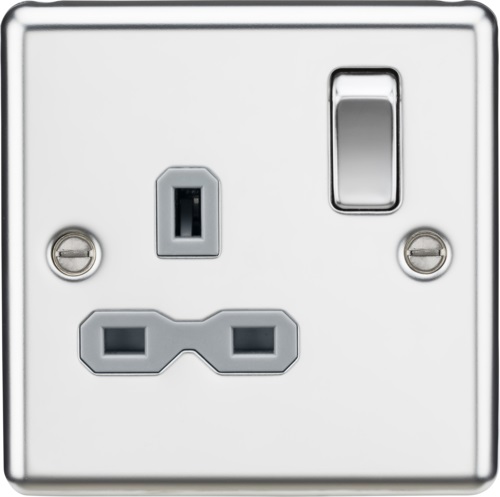 13A 1G DP Switched Socket with Grey Insert - Rounded Edge Polished Chrome