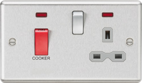 45A DP Cooker Switch 13A Switched Socket with Neons & Grey Insert - Rounded Edge Brushed Chrome