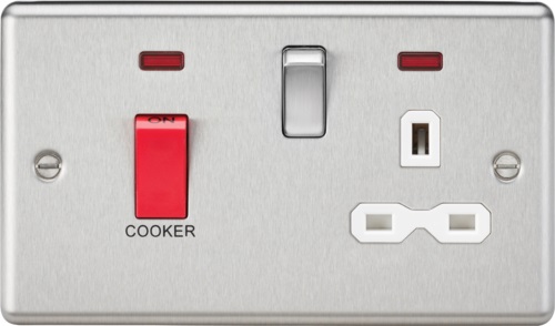 45A DP Cooker Switch & 13A Switched Socket with Neons & White Insert - Rounded Edge Brushed Chrome