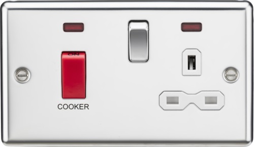 45A DP Cooker Switch & 13A Switched Socket with Neons & White Insert - Rounded Edge Polished Chrome