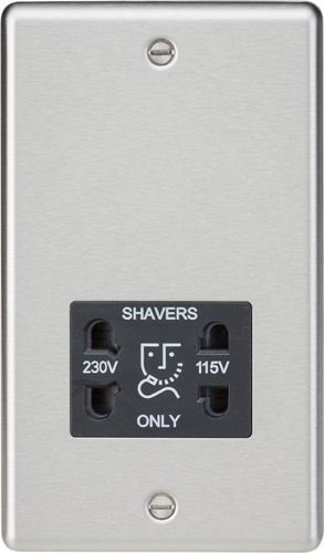 115-230V Dual Voltage Shaver Socket with Black Insert - Rounded Edge Brushed Chrome