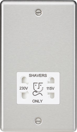 115-230V Dual Voltage Shaver Socket with White Insert - Rounded Edge Brushed Chrome