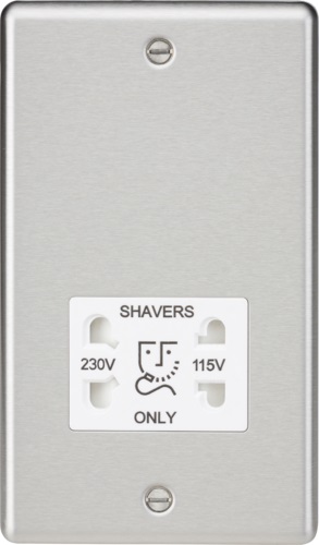 115-230V Dual Voltage Shaver Socket with White Insert - Rounded Edge Brushed Chrome