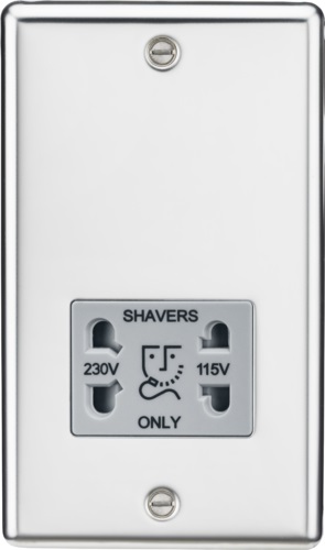 115-230V Dual Voltage Shaver Socket with Grey Insert - Rounded Edge Polished Chrome