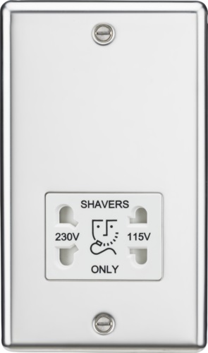 115-230V Dual Voltage Shaver Socket with White Insert - Rounded Edge Polished Chrome