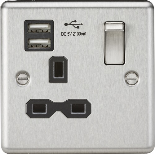 13A 1G Switched Socket Dual USB Charger Slots with Black Insert - Rounded Edge Brushed Chrome