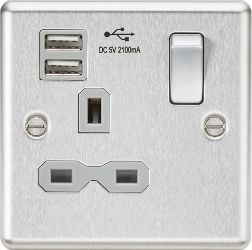 13A 1G Switched Socket Dual USB Charger Slots with Grey Insert - Rounded Edge Brushed Chrome