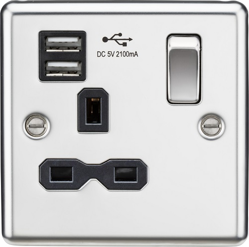 13A 1G Switched Socket Dual USB Charger Slots with Black Insert - Rounded Edge Polished Chrome