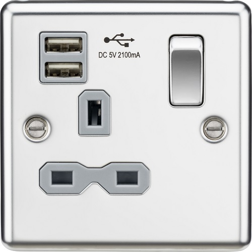 13A 1G Switched Socket Dual USB Charger Slots with Grey Insert - Rounded Edge Polished Chrome