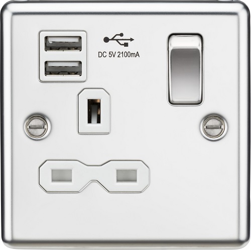 13A 1G Switched Socket Dual USB Charger Slots with White Insert - Rounded Edge Polished Chrome