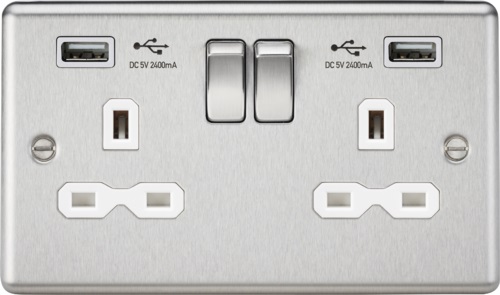 13A 2G Switched Socket Dual USB Charger (2.4A) with White Insert - Rounded Edge Brushed Chrome