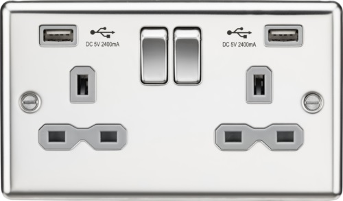 13A 2G Switched Socket Dual USB Charger (2.4A) with Grey Insert - Rounded Edge Polished Chrome