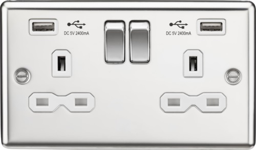 13A 2G Switched Socket Dual USB Charger (2.4A) with White Insert - Rounded Edge Polished Chrome