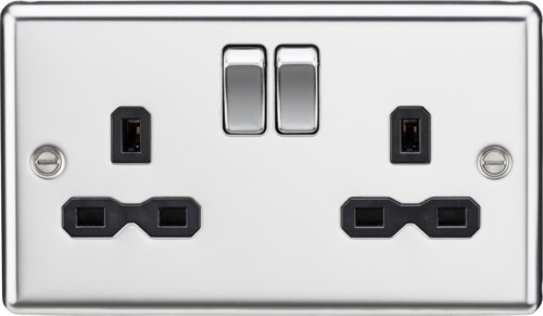13A 2G DP Switched Socket with Black Insert - Rounded Edge Polished Chrome