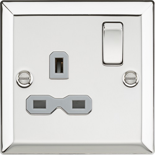 13A 1G DP Switched Socket with Grey Insert - Bevelled Edge Polished Chrome