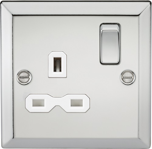 13A 1G DP Switched Socket with White Insert - Bevelled Edge Polished Chrome