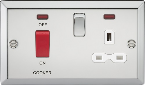 45A DP Cooker Switch & 13A Switched Socket with Neons & White Insert - Bevelled Edge Polished Chrome